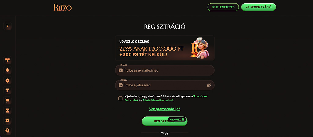 Ritzo Casino, regisztráció, bejelentkezés