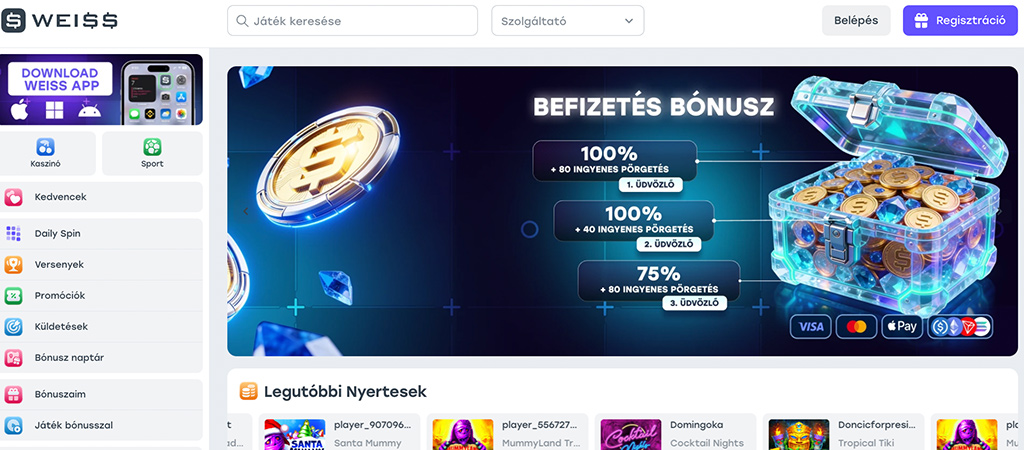 Weiss Casino kezdőlap, üdvözlő bónuszok, cashback ajánlatok, forró játékok, magyar nyelvű felület, regisztráció gomb