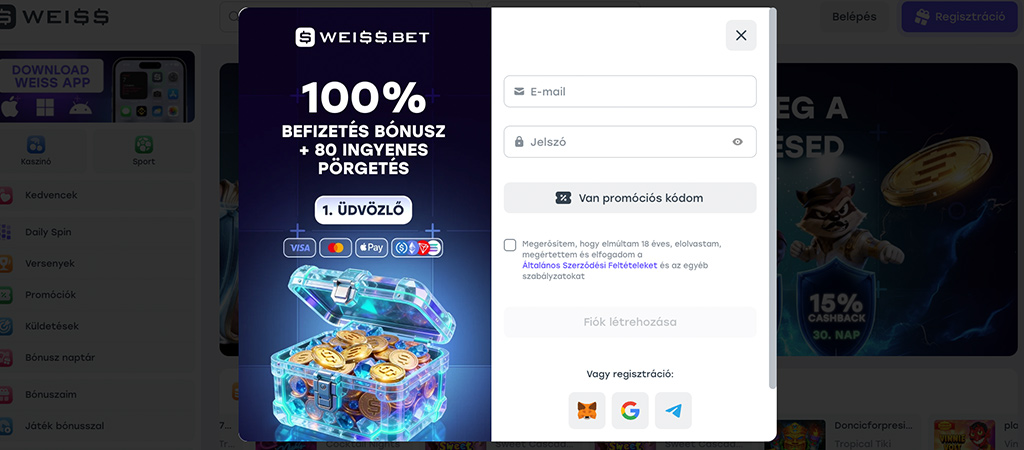 Weiss Casino regisztráció, 100% befizetés bónusz, 80 ingyenes pörgetés, emailes bejelentkezés, fiók létrehozása