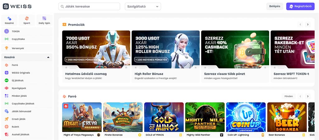 Weiss Casino kezdőlap, üdvözlő bónuszok, cashback ajánlatok, forró játékok, magyar nyelvű felület, regisztráció gomb
