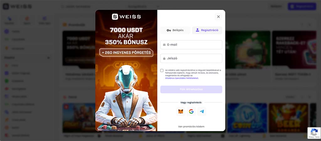 Weiss Casino regisztráció, 7000 USDT bónusz, 260 ingyenes pörgetés, emailes bejelentkezés, fiók létrehozása