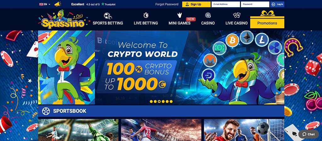 Spassino homepage, papagáj kabalafigura, kriptó bónusz 100% akár 1000 €, sportsbook és kaszinó menü, színes kripto ikonok