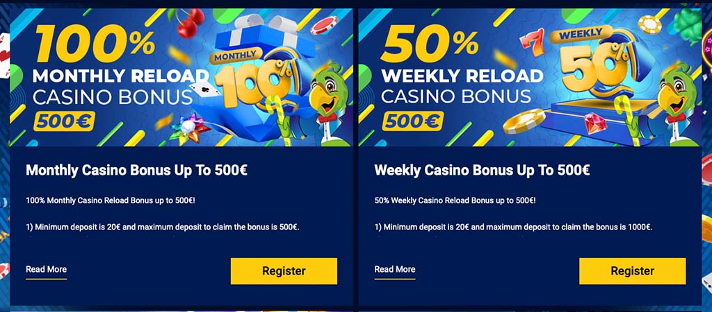 100% havi reload bónusz akár 500 €, heti 50% reload bónusz akár 500 €, vidám papagáj, kaszinós szimbólumok