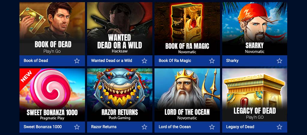 Slotjáték ikonjai, Book of Dead, Wanted Dead or a Wild, Book of Ra Magic, Sharky, Sweet Bonanza 1000, Razor Returns.