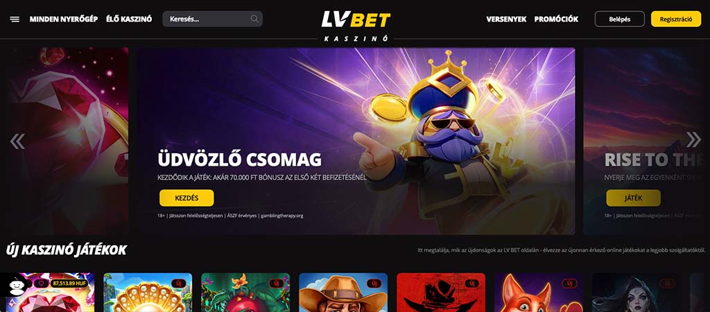 LVBet, kaszinó, főoldal, üdvözlő bónusz, banner, karaktergrafika, új játékok, nyerőgépek, élő kaszinó, keresőmező