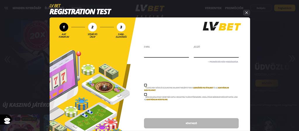 LVBet regisztrációs űrlap, e-mail és jelszó mezők, promókód opció, feltételek jelölőnégyzetek, modern sárga-fehér dizájn