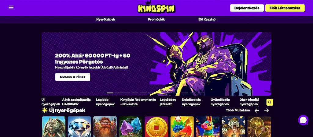 KingSpin online kaszinó kezdőlap, karakter trónon, 200% bónusz 90 000 FT-ig, 50 pörgetés, slot ikonok