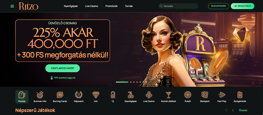 Ritzo Casino logó, arany-fehér betűk, retró dizájn, online kaszinó, fényes stílus, üdvözlő csomag, ingyen pörgetés, menüsor