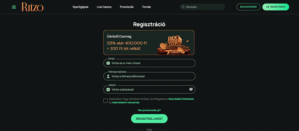 Ritzo Casino regisztráció, űrlapmezők, felhasználónév, e-mail, jelszó, zöld gomb, online kaszinó, egyszerű kezdés, üdvözlő bónusz