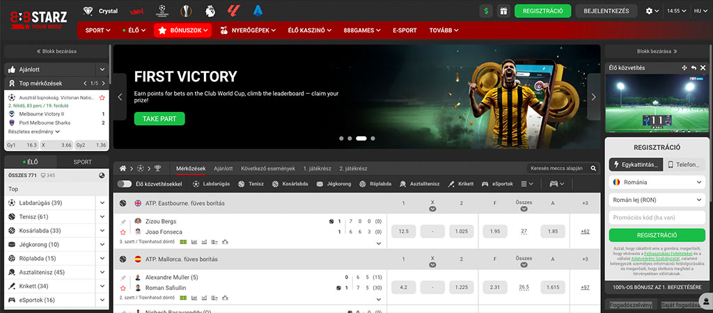 888STARZ, sportfogadás, élő kaszinó, bónusz, regisztráció, tenisz, labdarúgás, élő közvetítés, nyerőgépek, e-sport, promóció