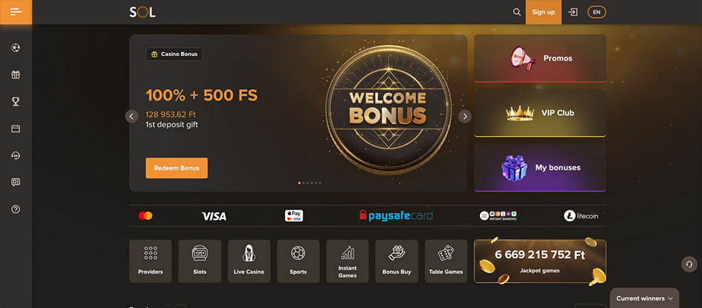 SOL Casino, üdvözlő bónusz, 500 ingyenes pörgetés, promóciók, VIP klub, bónuszok, jackpot, kaszinó játékok, fizetési módok