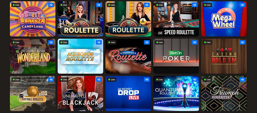 Sweet Bonanza, Roulette, Speed Roulette, Mega Wheel, Age of the Gods, Poker, Casino Hold’em, Triumph Roulette, élő kaszinó