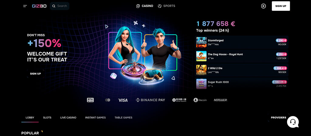 Gizbo Casino, kezdőlap, üdvözlő bónusz, regisztráció, online kaszinó, kriptós fizetés, játékok, nyerőgépek, élő kaszinó