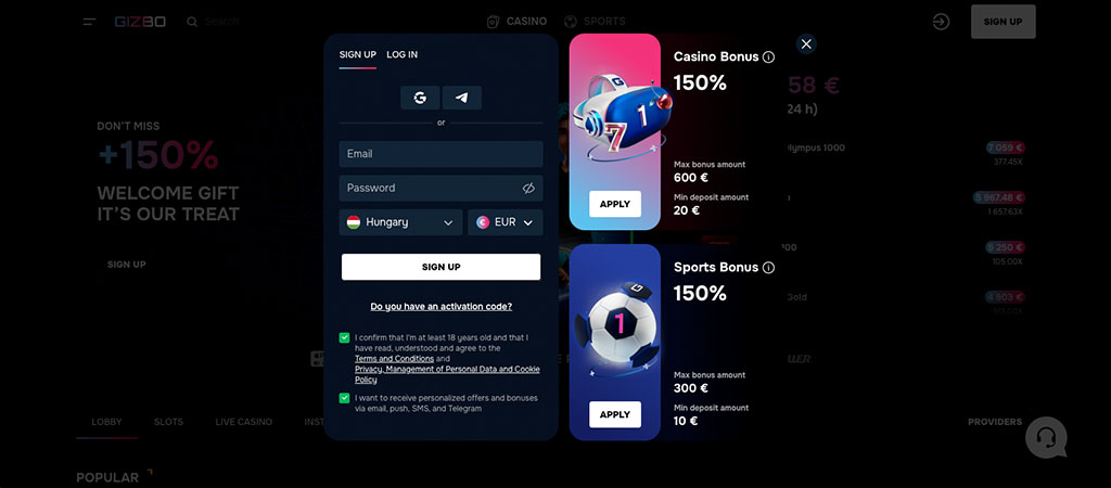 Gizbo Casino, regisztrációs űrlap, e-mail, jelszó, ország, pénznem, kaszinó bónusz, maximális bónusz, minimális befizetés
