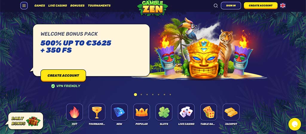Gamble Zen casino, kezdőoldal, trópusi téma, üdvözlő bónusz, 350 ingyen pörgetés, tiki szobor, tigris, játékkategóriák