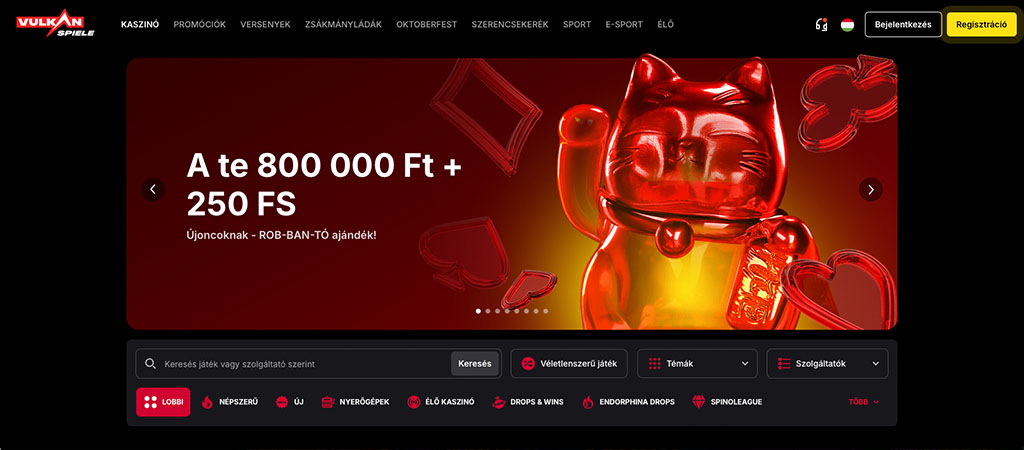 Vulkan Spiele Casino, főoldal, piros Maneki-Neko macska, üdvözlő bónusz, ingyen pörgetés, sötét háttér, játékkategóriák