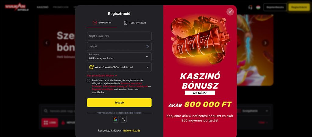 online kaszinó regisztrációs felület, e-mail és jelszó mező, HUF valuta, 800 000 Ft kaszinó bónusz hirdetés, nyerőgép, 777